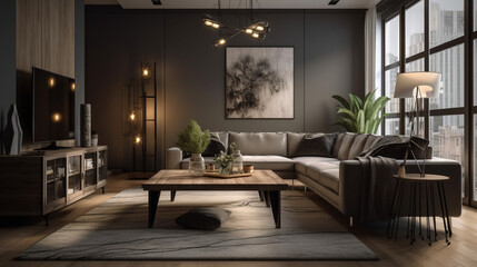 ambiance of a modern living room with a detailed image of its interior, showcasing a comfortable sofa and contemporary decor, Generative AI