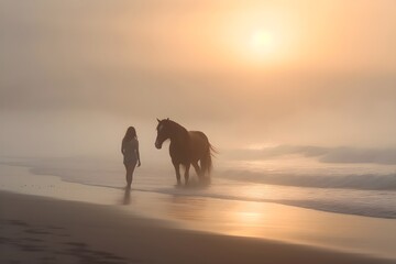 girl and horse on the beach at sunset