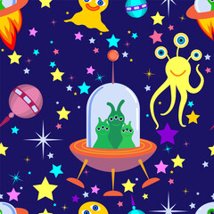 Space seamless pattern with spaceships, aliens,
 stars. Space background in cartoon style. Space vector for wallpaper, textile, packaging. World UFO Day