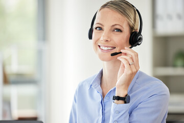 Consultant, portrait of woman call center agent and with headset at her workplace office....