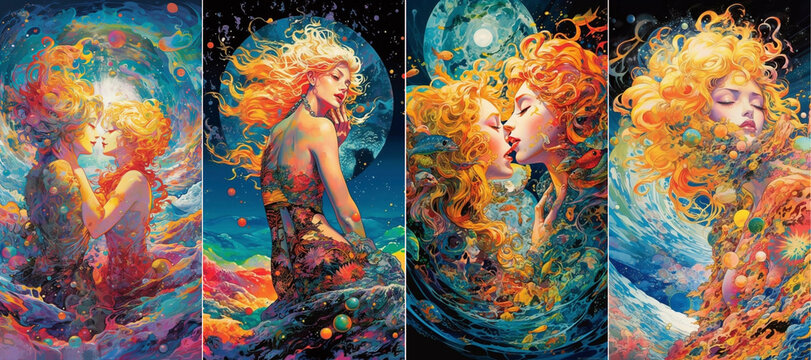 Anime art style with super detailed design, flowing eyes and vibrant colors for a visually stunning experience Captures the iconic Venus birth moment and incorporates a kiss into the artwork
