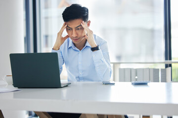 Business, stress and Asian man with a headache, laptop and glitch with internet error, network and...