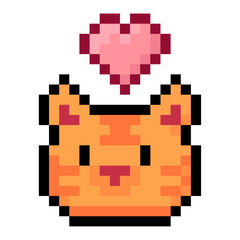 Orange tabby cat with black outline heart love icon in pixel art style 