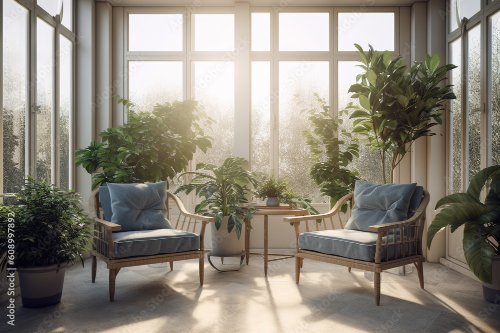 Poster a room with a pair of seats placed close to one another in the same space. generative ai