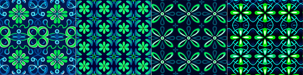 Adinkra seamless repeat pattern is available in vector Shibori pattern in shades of blue.turquoise. and lime Dark night dark blue background adds depth to the design