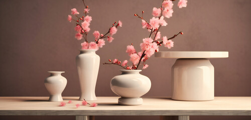 some white pedestals and pink blossoms in front of them