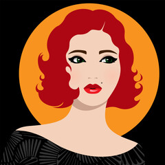 1390_Beautiful redhead woman wearing black dress with pattern