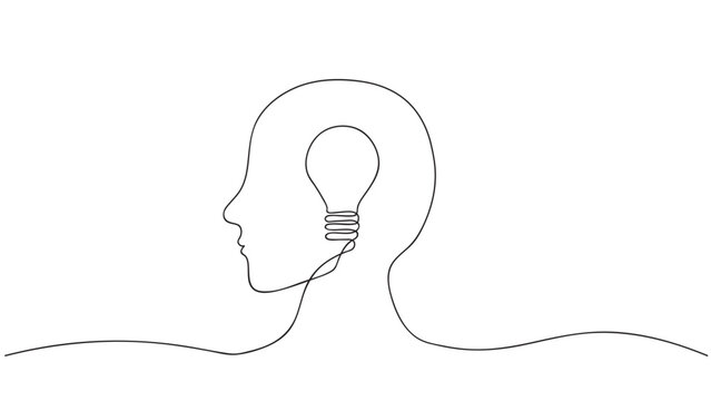 recommend clip art: Continuous line drawing of Human head with light bulb. Idea concept. Artificial intelligence. Vector