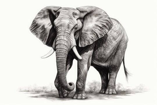 Large African elephant on a white background, pencil drawing. Generative ai.