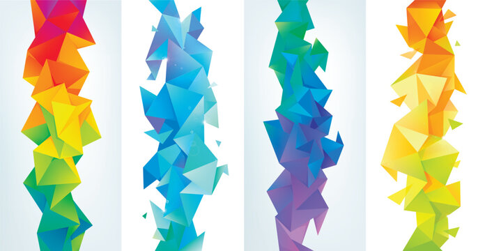 Vector set of blue, yellow colorful abstract facet, low poly geometric triangle backgrounds. 3d crystal colorful shapes, banners, vertical orientation.