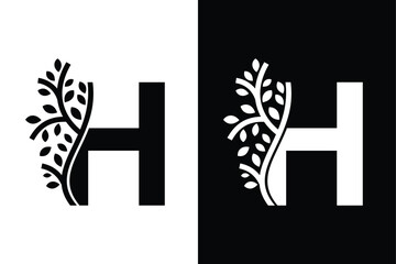 Letter H alphabet and growing leaf with black and white color. Very suitable for symbol, logo, company name, brand name, personal name, icon, identity, business, marketing and many more.