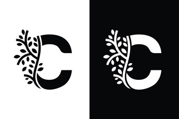 Letter C alphabet and growing leaf with black and white color. Very suitable for symbol, logo, company name, brand name, personal name, icon, identity, business, marketing and many more.