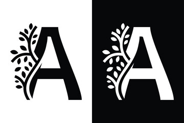 Letter A alphabet and growing leaf with black and white color. Very suitable for symbol, logo, company name, brand name, personal name, icon, identity, business, marketing and many more.