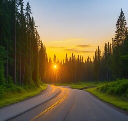 Obraz premium Beautiful Sunset on a Forest Road, Generative AI.