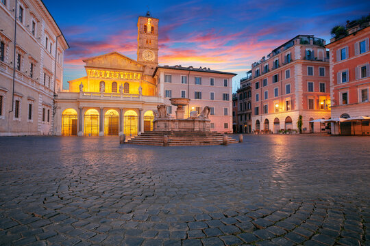 Rome, Italy. Cityscape image of Rome, Italy with Piazza Santa Maria in Trastevere at sunset.