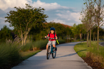 Fototapeta premium Sporty kid riding bike on a park. Child in safety helmet riding bicycle. Kid learns to ride a bike. Kids on bicycle. Happy child in helmet cycling outdoor. Sports leisure with kids.