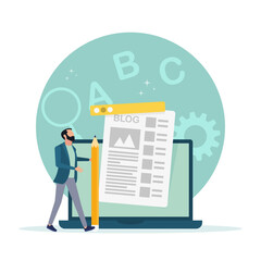 Content author. Concept for creating blog articles with characters, freelance business and marketing. Vector flat style illustration. The guy is holding a pencil blogging concept.
