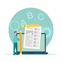 Content author. Concept for creating blog articles with characters, freelance business and marketing. Vector flat style illustration. The guy is holding a pencil blogging concept.
