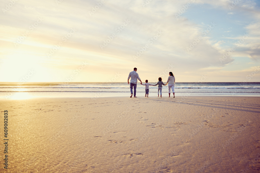 Canvas Prints Sunset, travel and family holding hands on beach walking on holiday, summer vacation and weekend. Nature, mockup and mother, father and children by ocean for bonding, adventure and quality time