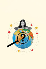 Vertical collage picture of excited black white effect girl look planet earth globe magnifier loupe question mark isolated on creative background