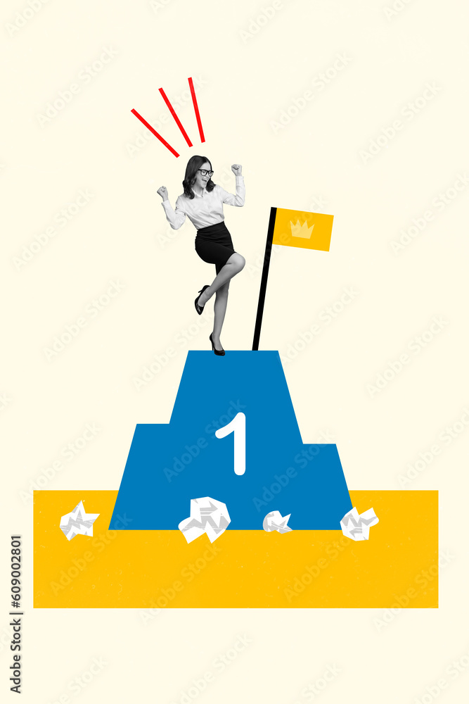 Aufkleber abstract template graphics collage image of lucky excited lady winning race take first place isolate