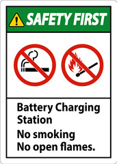 Safety First Sign Battery Charging Station, No Smoking, No Open Flames