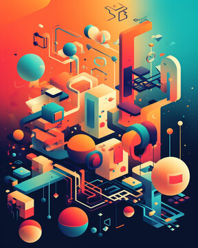 social media background with an abstract composition of geometric shapes and vibrant colors, representing the interconnectedness of online communities, https://contributor.stock.adobe.com/en/portfolio