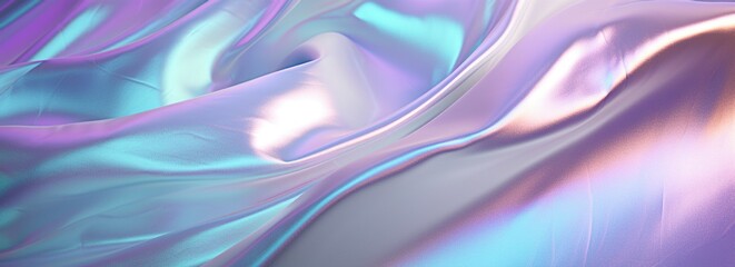Silk shiny white fabric texture banner in pastel iridescent holographic colors. Abstract texture horizontal copy space background. 3d render Generative AI