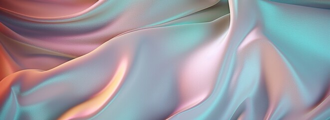 Silk shiny white fabric texture banner in pastel iridescent holographic colors. Abstract texture horizontal copy space background. 3d render Generative AI