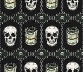 Geometric pattern with human skulls, steel chains, rivets, money roll of 100 US dollar bills. Tile polygonal seamless background. Good for mens apparel, clothing, fabric, textile, sport goods.