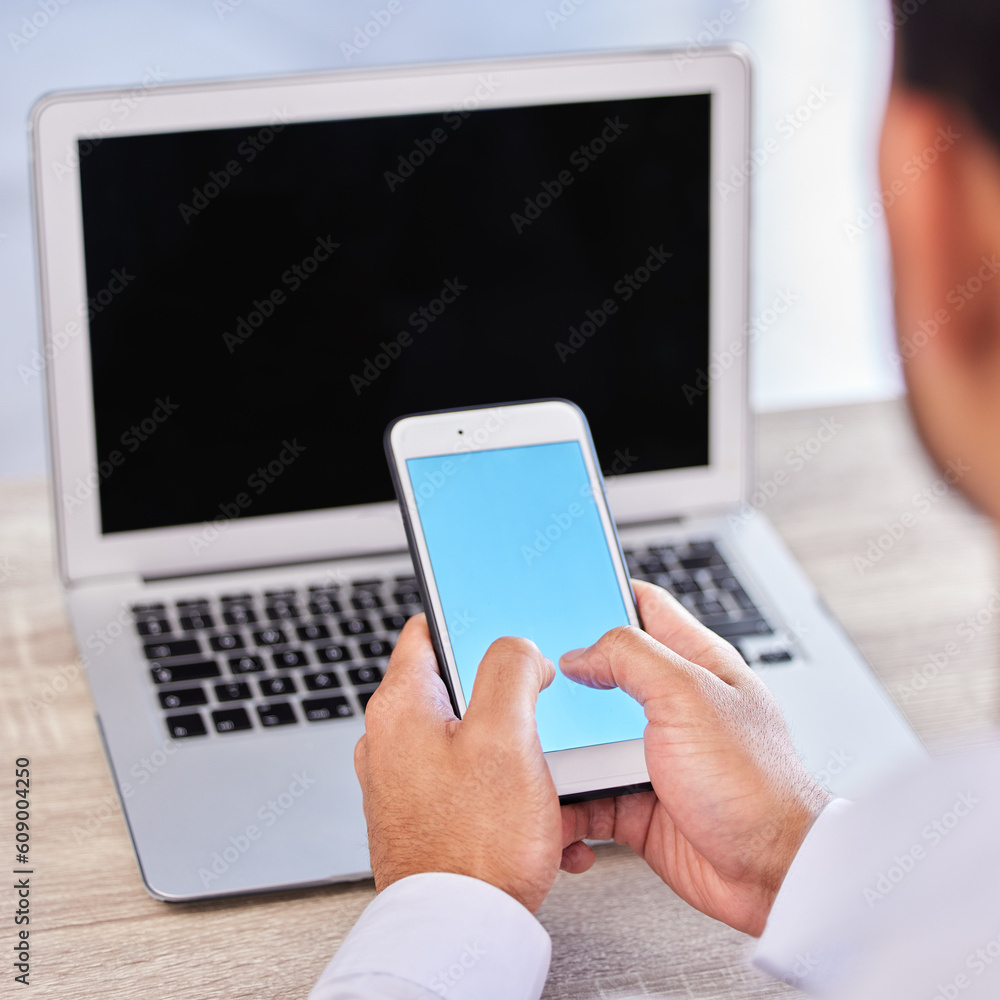Poster businessman, hands and phone with mockup screen for social media, communication or networking at the