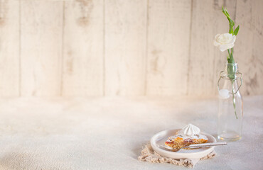 Appetizing beautiful cupcake with meringue, beautiful still life with delicious cake on the table. Sweet delicacy berry pudding in a candy store. beautiful food