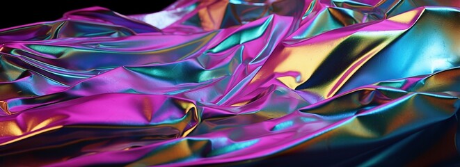 Banner with abstract holographic background . Modern pastel neon blue, purple, mint colored metallic psychedelic holographic foil texture.3d render Generative AI