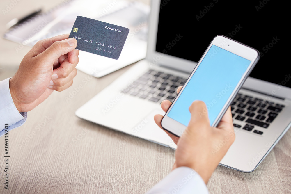 Sticker Business, credit card and green screen phone in hands for payment in office for online shopping website. Professional person on smartphone for ecommerce safety, app promotion or banking information