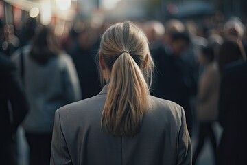 Fototapeta premium Professional Businesswoman in the Crowd. Businesspeople in Urban Motion in Blurred city Background.