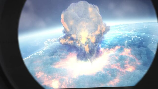 Massive explosion over earth from plane or space shuttle window
Cinematic view over earth with nuclear explosion, outer space view,4K, 2023
