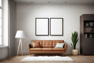 Modern vintage orange sofa.  Mockup for artwork. Generative AI.