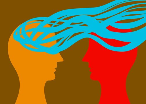Dialogo tra due persone, comunicazione. Telepatia empatia amore. Disegno grafico concettuale web banner sostegno morale 