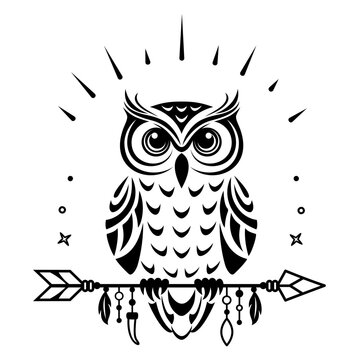 The owl sits on an arrow. Bird silhouette. Stylized black and white graphics in tribal style. Boho vector illustration. TOdark animal, talisman.