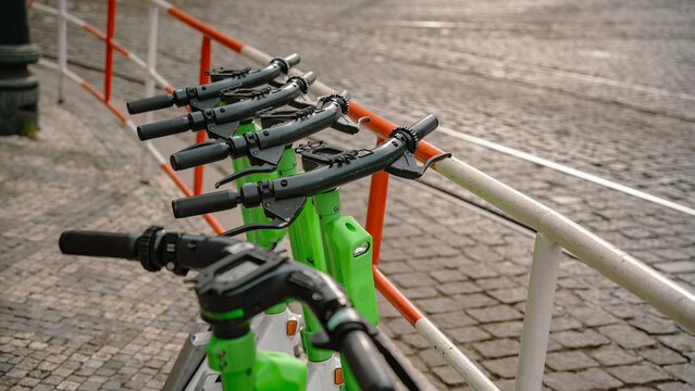 Electric rentable scooters in a city