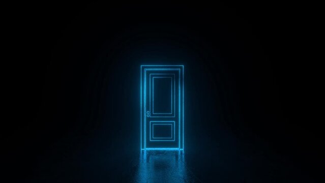 Abstract open door to universe. Lines appear. Cyberpunk neon door background concept. Blue neon. Hologram led laser door. Flight forward, entering inside the doorway. 3d loop animation, 4K
