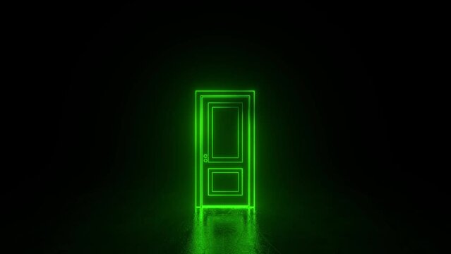 Abstract open door to universe. Lines appear. Cyberpunk neon door background concept. Green neon. Hologram led laser door. Flight forward, entering inside the doorway. 3d loop animation, 4K