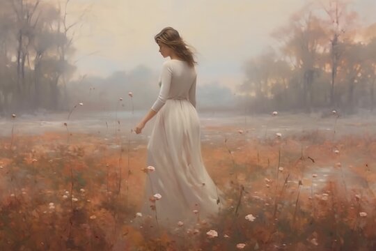 An oil painting that captures the essence of ethereal whispers and timeless beauty and It depicts a serene landscape with soft, delicate brushstrokes, using a muted color palette. Created with Generat