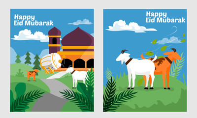 collection of eid mubarak poster, goats, mosque for banner, poster
