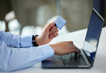 Credit card, laptop and business person hands of online shopping, financial payment and banking or loan in office. Professional people typing numbers on computer, digital registration, web or fintech - Powered by Adobe