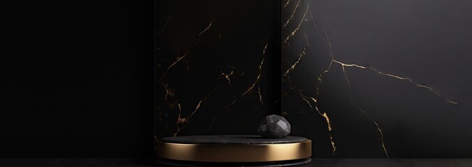 Black  marble  podiums with gold frames on a black background. Luxury marble geometric pedestal for the presentation of the product. 3d rendering composition Generative AI