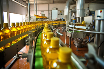 row of bottles of sunflower oil.production line.conveyor. AI generated Generative AI