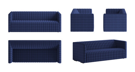 Set of five views of a contemporary three-seater sofa with a deep dark blue fabric cover, high back, and armrests. Front view, side views, top view, and perspective view. 3d render