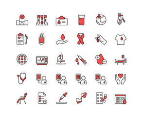 Set of medical icons showing medical and laboratory research, hypodermic injections, cardiology, blood circulation, DNA and diagrams, vector line drawings