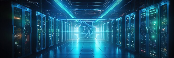 Dark with Neon Blue, Pink Lights server room data center storage. Modern Telecommunications, Supercomputer Technology Concept.  3D renderingм Generative AI